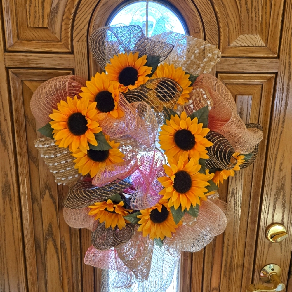 Handcrafted Spring, Summer, Everyday Sunflower Wreath, Shades of Burlap, 21"